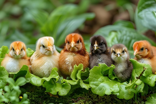Piccoli polli appoggiati su un campo verde lussureggiante AI generativa