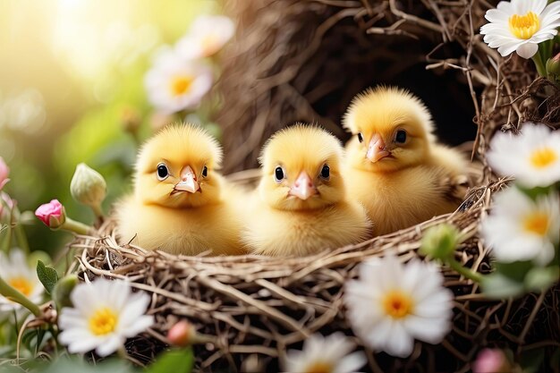 Piccoli pulcini gialli soffici in una primavera in fiore nido di ramoscelli e fiori in natura carta primavera primavera bambini infanzia AI generato