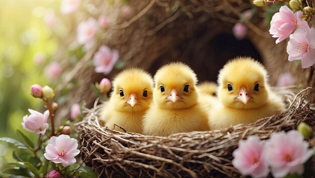 Piccoli pulcini gialli soffici in una primavera in fiore nido di ramoscelli e fiori in natura carta primavera primavera bambini infanzia AI generato