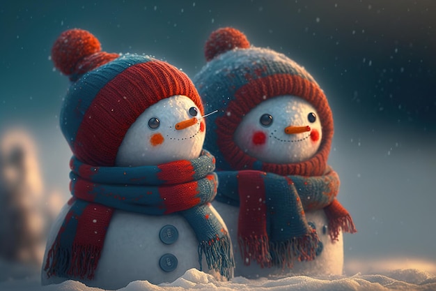Piccoli pupazzi di neve felici con una sciarpa blu copricapo rosso e sfondo di neve invernale