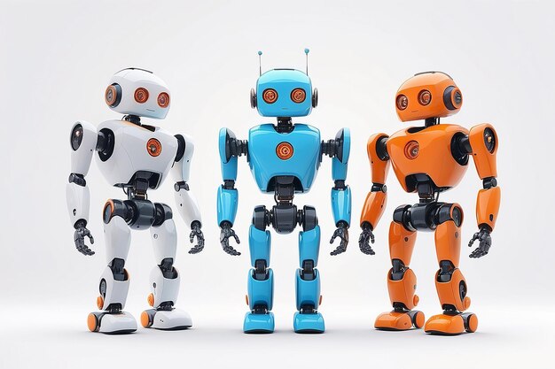 Piccoli robot con viso umano e corpo umanoide Intelligenza artificiale AI Robot arancione e blu isolati su sfondo bianco