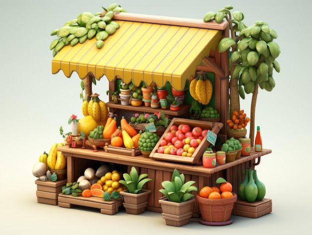 Piccoli stand di frutta con rendering 3d