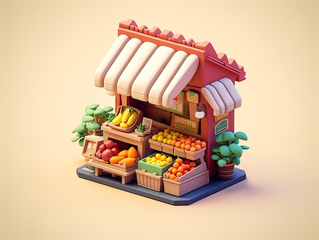 Piccoli stand di frutta isometrici con rendering 3d