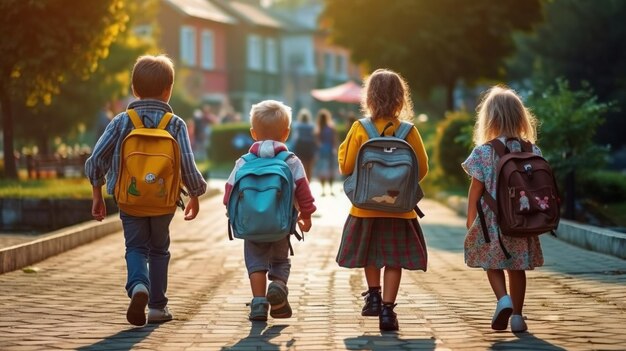 Piccoli studenti che vanno a scuola con gli zaini Torna a scuola concetto generativo ai