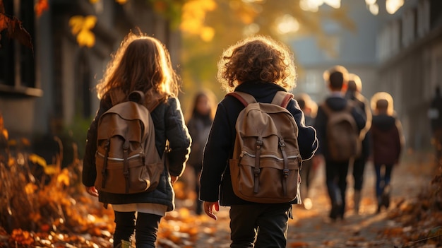 piccoli studenti con zaini tornano a scuola