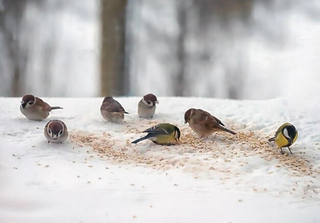 piccoli uccelli nell'alimentatore invernale