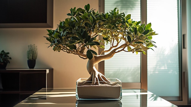 Piccolo albero bonsai di ficus in vaso di cache di vetro sul tavolo in interni moderni Arte giapponese dell'Asia orientale