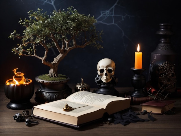 piccolo albero con libro degli incantesimi e teschio per la copia della notte di Halloween