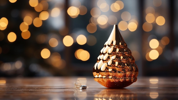 Piccolo albero di Natale lucido decorativo da vicino su uno sfondo sfocato