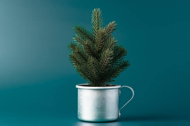 Piccolo albero di pino di Natale in vaso di metallo girato in studio