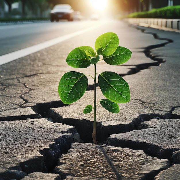 Piccolo albero verde che cresce da una crepa in una strada di asfalto