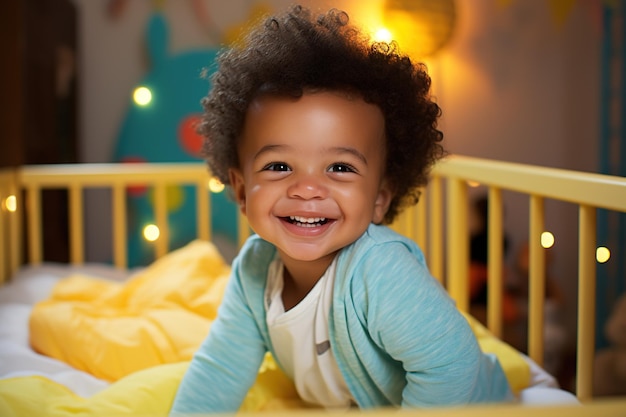 piccolo bambino afroamericano felice e sano nella culla gialla