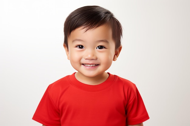 Piccolo bambino asiatico di 2 anni che indossa una maglietta rossa Fotografia di ritratto scattata su uno sfondo bianco