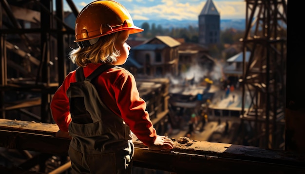 Piccolo bambino biondo che indossa un elmetto dà le spalle alla telecamera sul balcone Il bambino guarda il cantiere Sfondo sfocato IA generativa