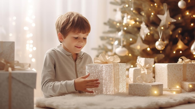 Piccolo bambino carino che tiene in mano una confezione regalo con un nastro rosso che dà regali durante un evento festivo