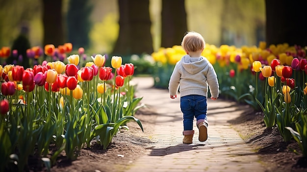 piccolo bambino che cammina vicino ai tulipani sull'aiuola