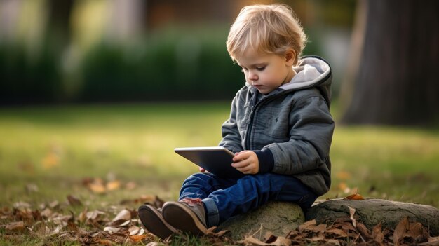 Piccolo bambino che usa il tablet all'aperto