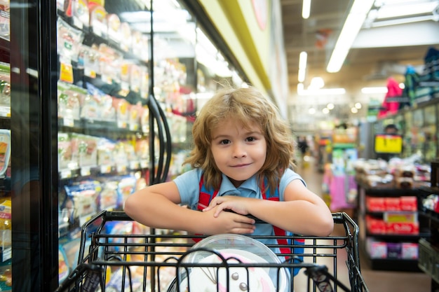 Piccolo bambino cliente al supermercato o al supermercato con merci nel carrello della spesa.