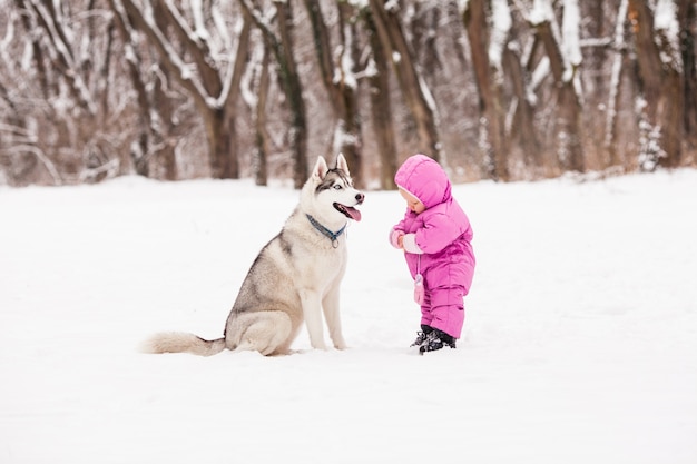 Piccolo bambino con cane Husky