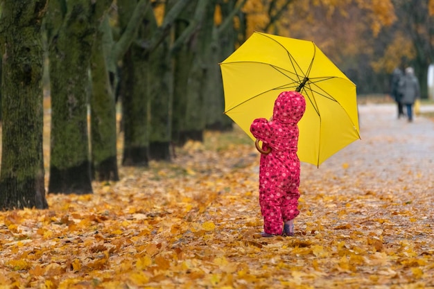 Piccolo bambino dietro un grande ombrello giallo e cammina sulle foglie cadute Bambino nel parco autunnale