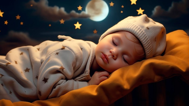 Piccolo bambino dorme in una stanza con un mese e stelle generativa AI carino