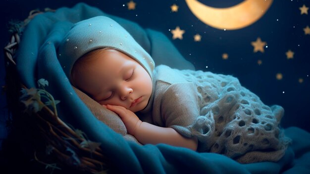 Piccolo bambino dorme in una stanza con un mese e stelle generativa AI carino