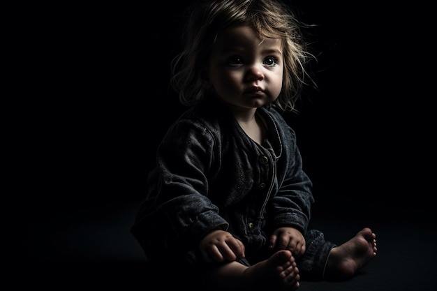 Piccolo bambino sveglio che si siede sul pavimento nel colpo dello studio della camera oscura