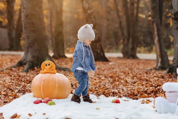 Piccolo bambino sveglio nel parco sulla foglia gialla con la zucca in autunno