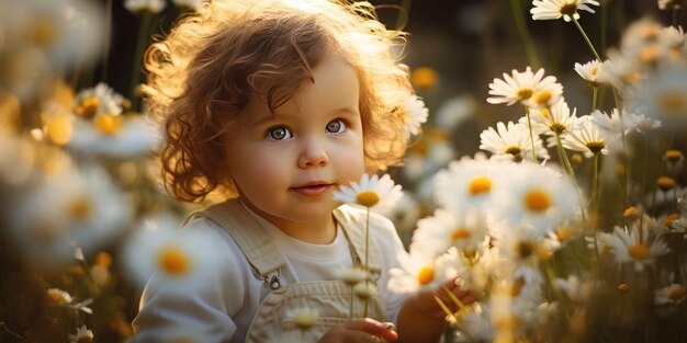 Piccolo bambino tedesco in un campo di camomilla Foto di alta qualità IA generativa