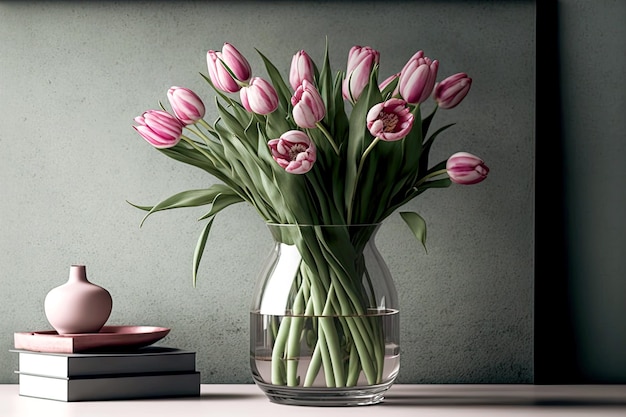 Piccolo bouquet di tulipani rosa si trova in vaso sul tavolo