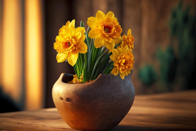 Piccolo bouquet pulito di fiori di narciso dorato in vaso su tavola di legno