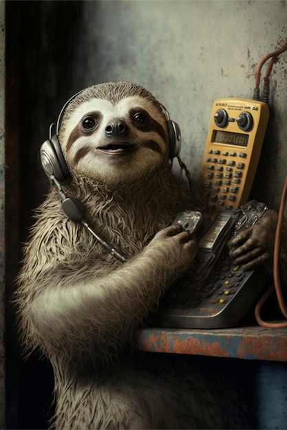 piccolo bradipo carino e adorabile che usa il walkie talkie