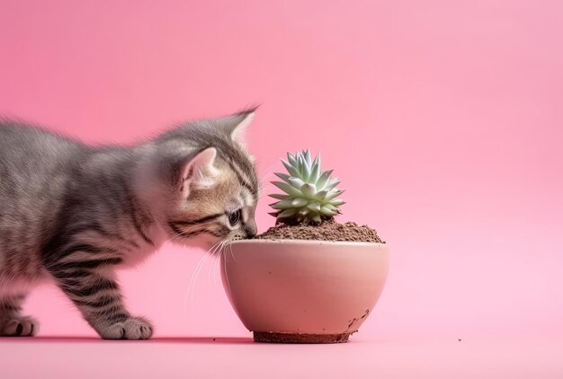 Piccolo cactus che fiuta il gattino