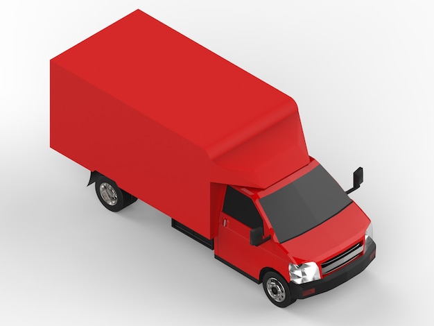 Piccolo camion rosso. Servizio di consegna auto. Consegna di merci e prodotti ai punti vendita. rendering 3D.