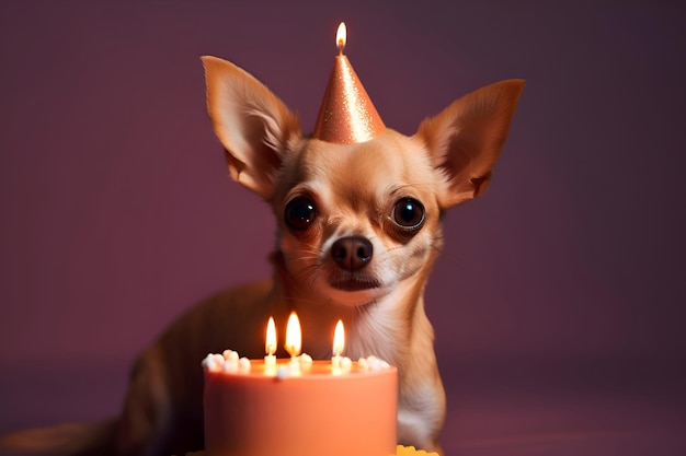 Piccolo cane carino in cappello di compleanno con torta su sfondo viola IA generativa