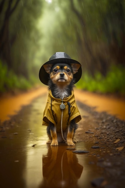 Piccolo cane che indossa impermeabile giallo e cappello nero seduto su strada bagnata IA generativa