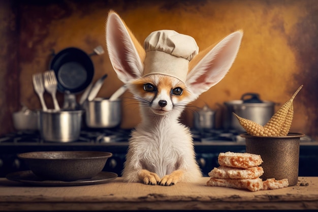 Piccolo cane che indossa un cappello da chef seduto accanto a un mucchio di cibo IA generativa