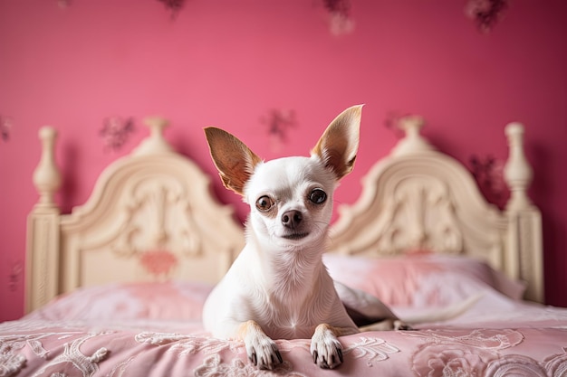 Piccolo cane chihuahua carino in una stanza rosa con lacci generati da AI