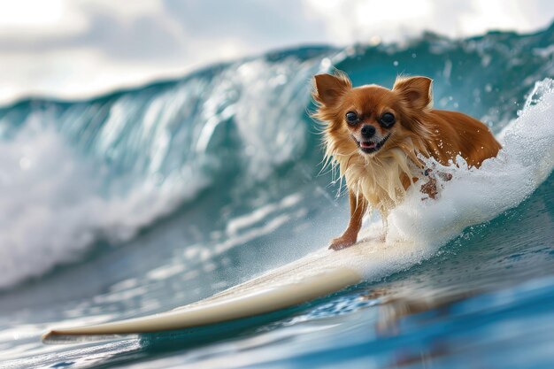 piccolo cane chihuahua domestico che fa surf nell'oceano su grandi onde concetto di vacanza estiva