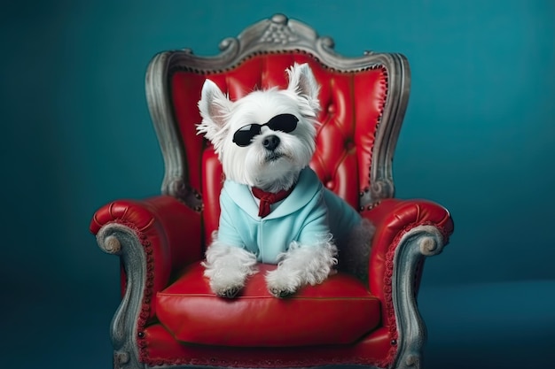 Piccolo cane con gli occhiali seduto su una poltrona rossa nello stile della pop art concettuale IA generativa