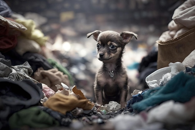 Piccolo cane in fuga che gioca in una discarica traboccante di rifiuti