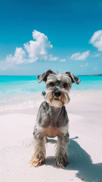 Piccolo cane in piedi in cima alla spiaggia di sabbia