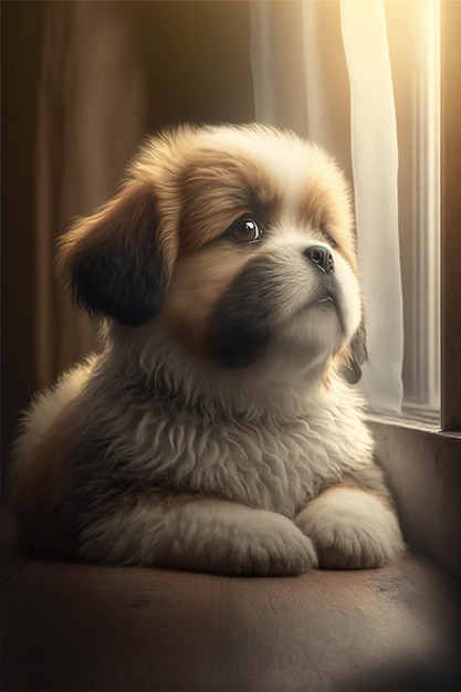 Piccolo cane marrone e bianco seduto accanto a una finestra ai generativa
