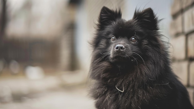 Piccolo cane nero seduto accanto a un muro di mattoni