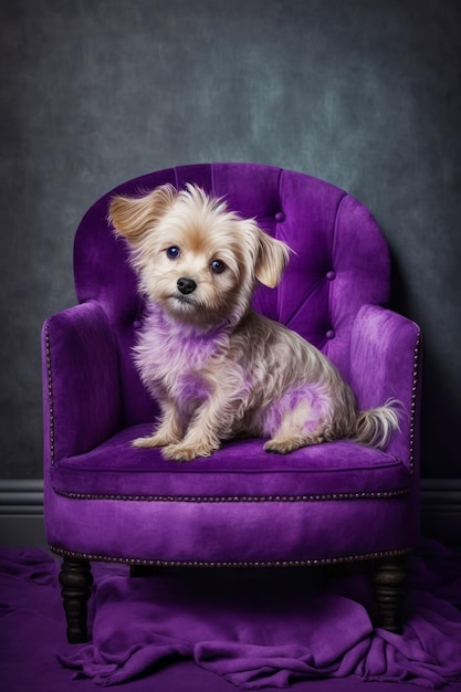 Piccolo cane seduto su una sedia viola con sfondo nero e muro grigio dietro AI generativa