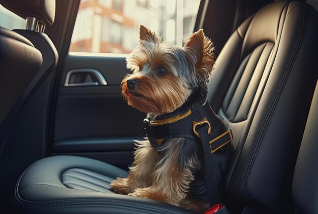 piccolo cane seduto sul sedile posteriore di un'auto