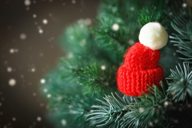 Piccolo cappello lavorato a maglia sull'albero di Natale