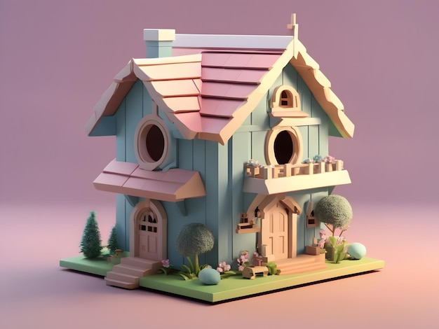 Piccolo carino rendering 3d isometrico Casa degli uccelli