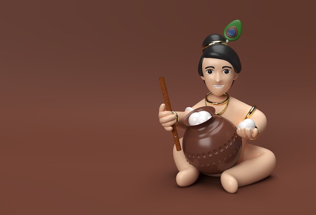 Piccolo cartone animato Krishna con una pentola di burro. Illustrazione di rendering 3D.