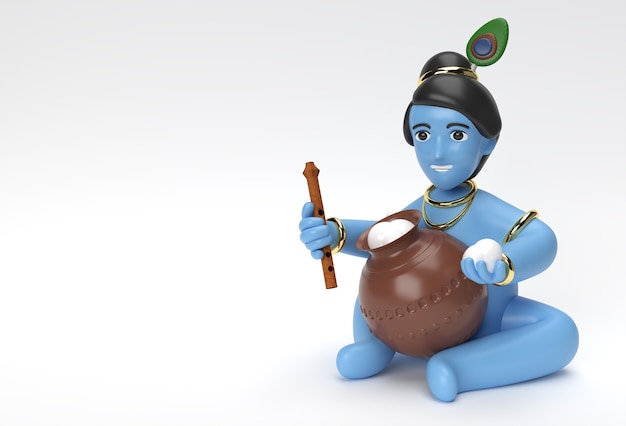 Piccolo cartone animato Krishna con una pentola di burro. Illustrazione di rendering 3D.